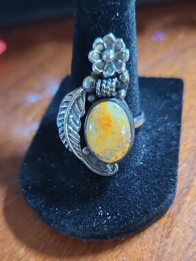 Sterling Silver Yellow Bumblebee Jasper Floral Feather Ring